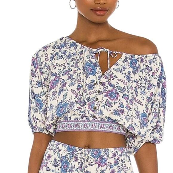 Joie Tops - Joie Folk Song Cropped Off Shoulder Floral Top Peasant Boho Purple Blue White S